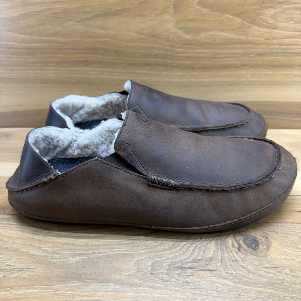 Olukai Moloa Slippers Mens 11 Brown Leather Moc Toe Sherpa Fur Lined Cozy House